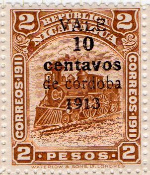 Nicaragua stamps 1913 surcharges Locomotive 10c / 2 Pesos Broken 'L'